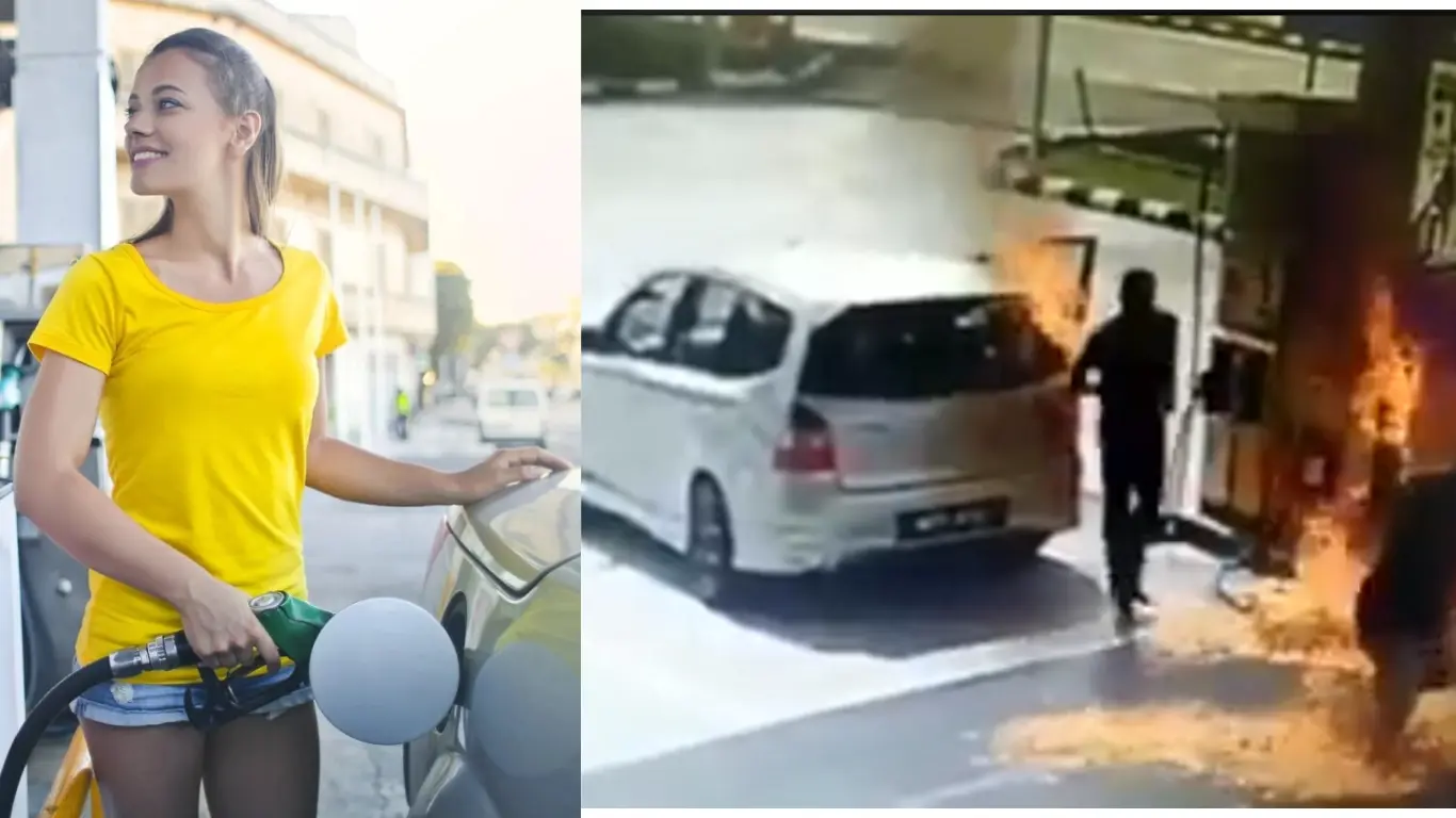 A woman refuels her car at a gas station and A man stands beside a car engulfed in flames, highlighting a scene of emergency and danger.