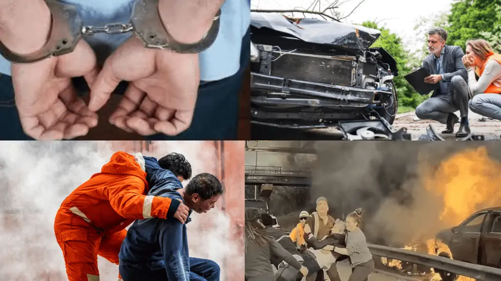 An image collage showcasing a man in handcuffs alongside a car and fire, representing a moment of conflict and urgency.