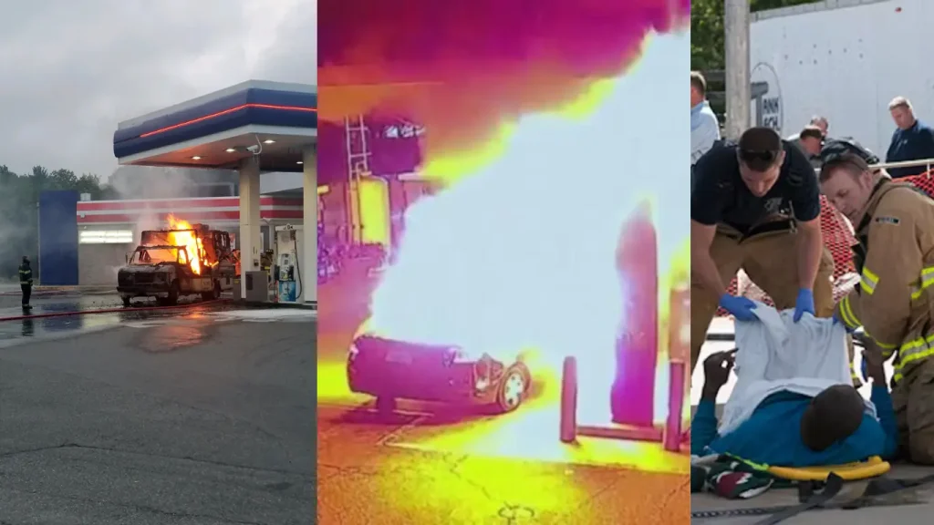 A team of firefighters combats a car fire at a gas station, focusing on extinguishing flames and ensuring public safety.